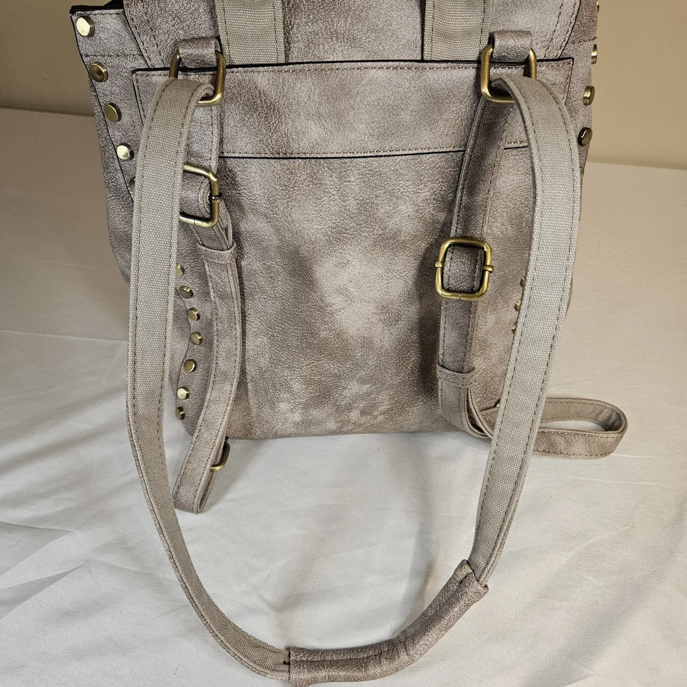Taupe Faux Suede Studded‎ Flap Backpack